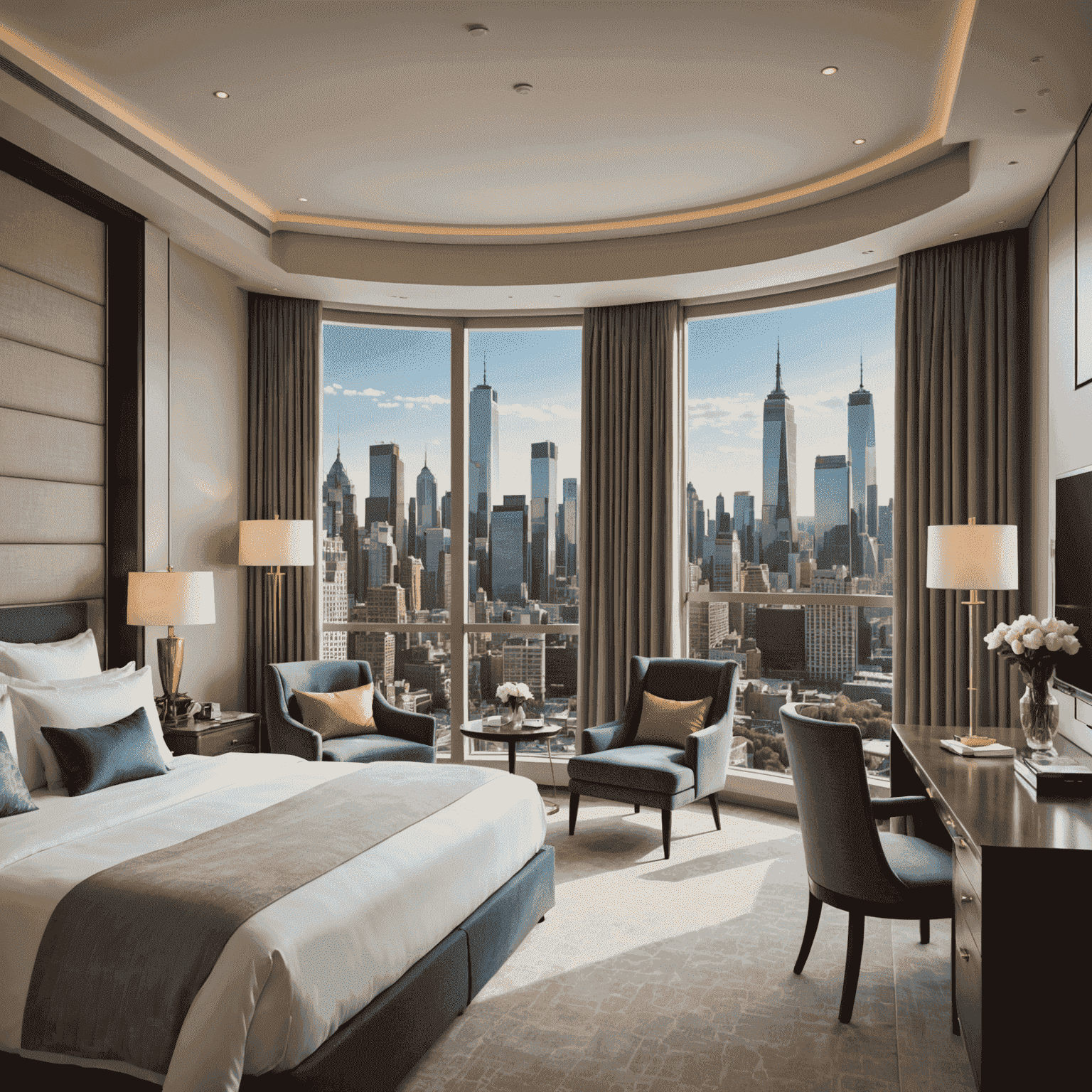 Luxueuze hotelkamer met kingsize bed, elegante meubels, en een panoramisch uitzicht op de skyline van de stad