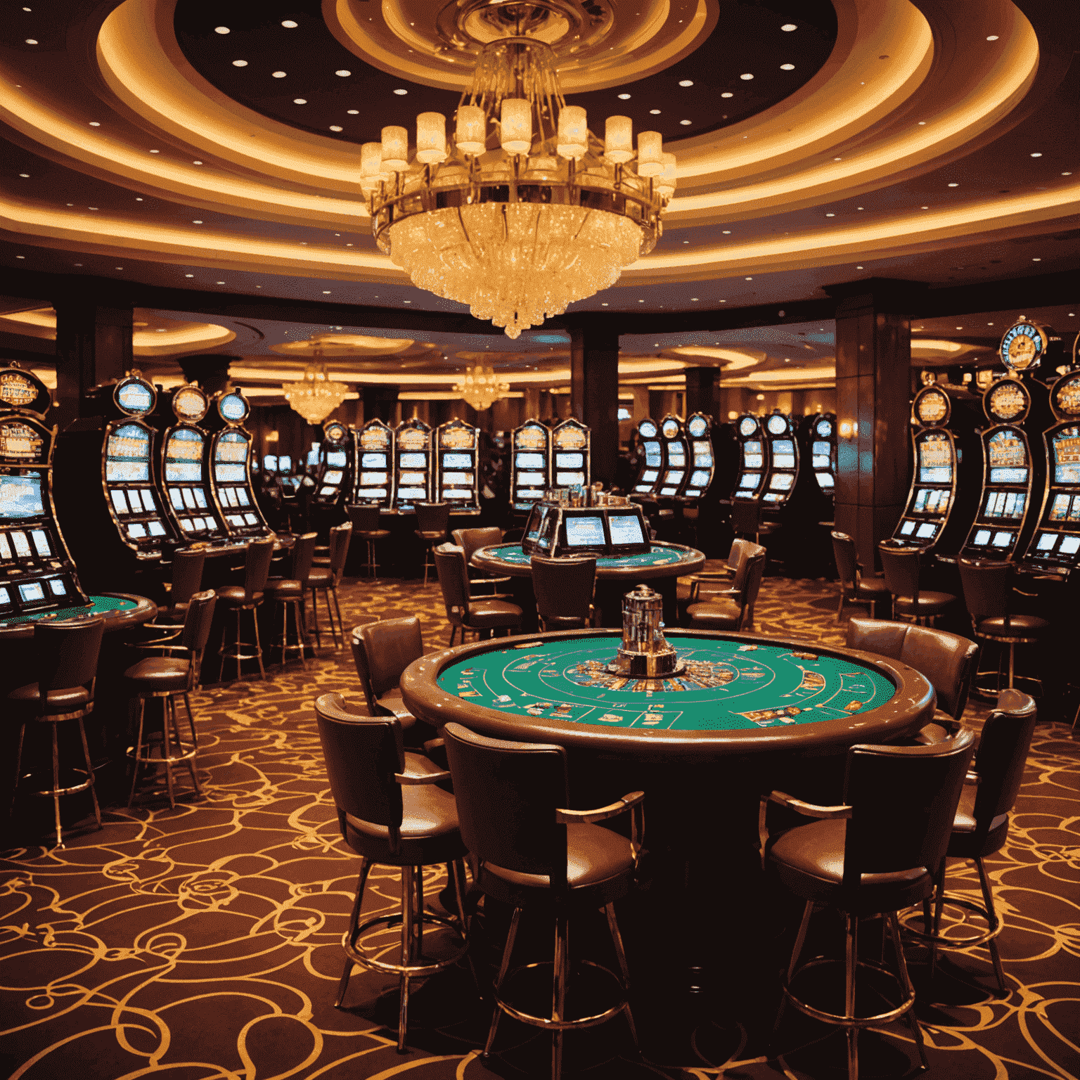 Een levendige casinovloer met gokautomaten, roulettetafels en blackjacktafels. Spelers en croupiers zijn in actie, omringd door glinsterende lichten en luxe decor.