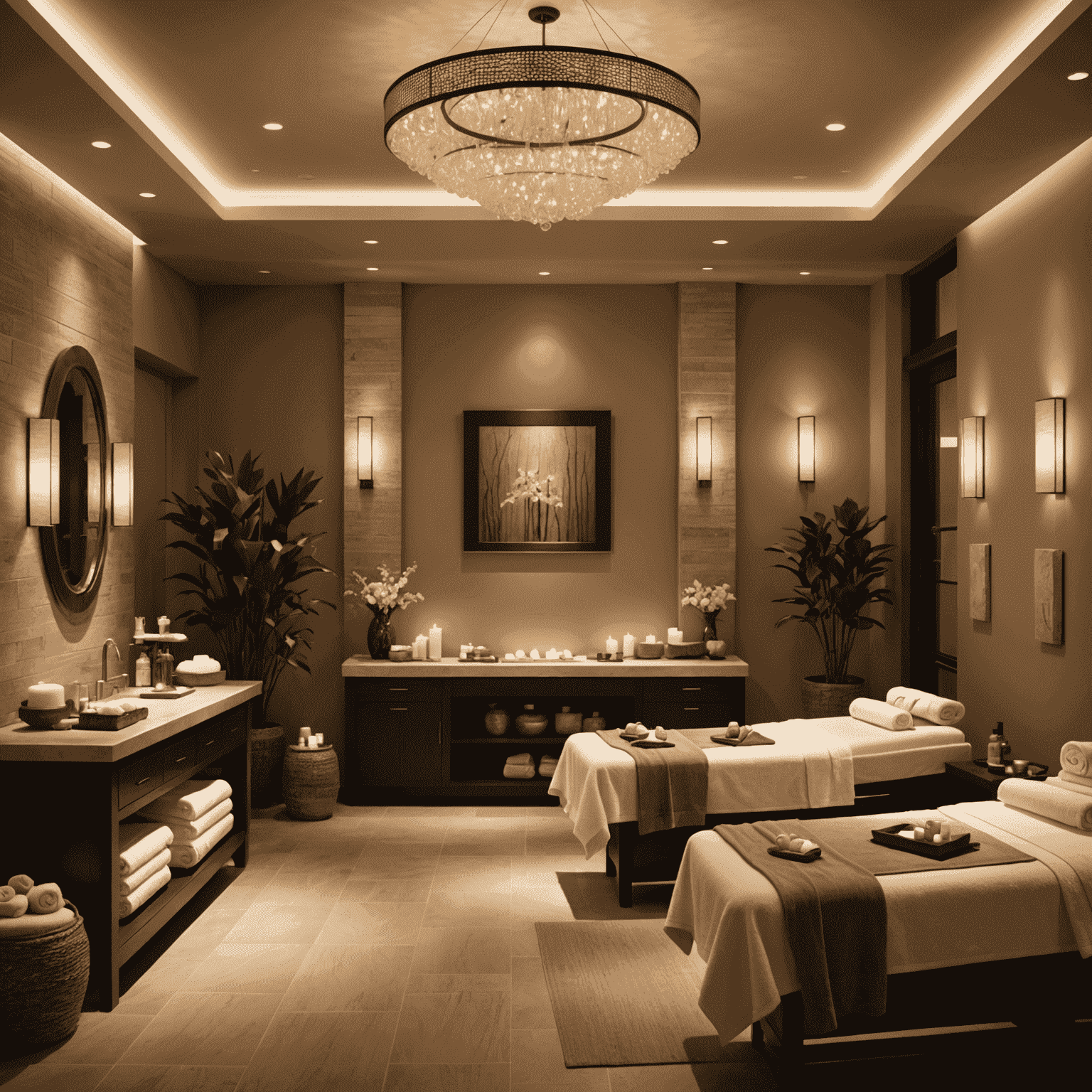 Luxe spa-ruimte met zachte verlichting, comfortabele behandeltafels en een serene sfeer, perfect voor ontspanning en verwennerij